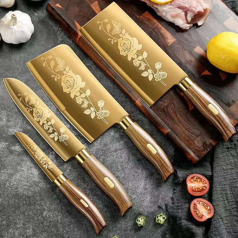 Golden, Rose Pattern 4-Piece Kitchen Knife Set