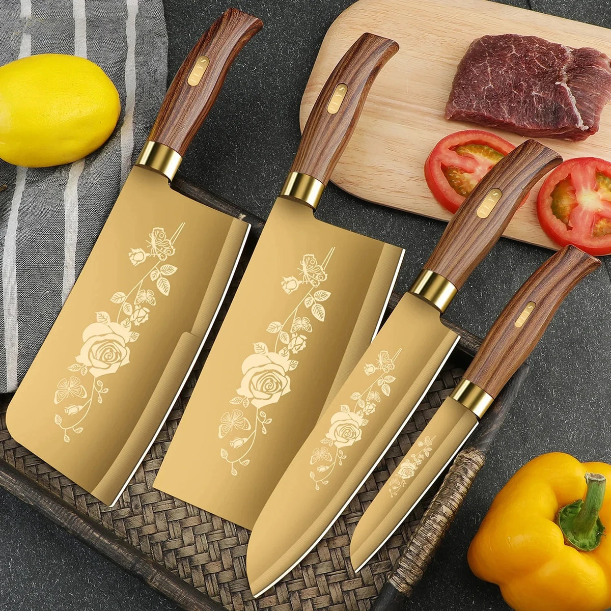 Golden, Rose Pattern 4-Piece Kitchen Knife Set