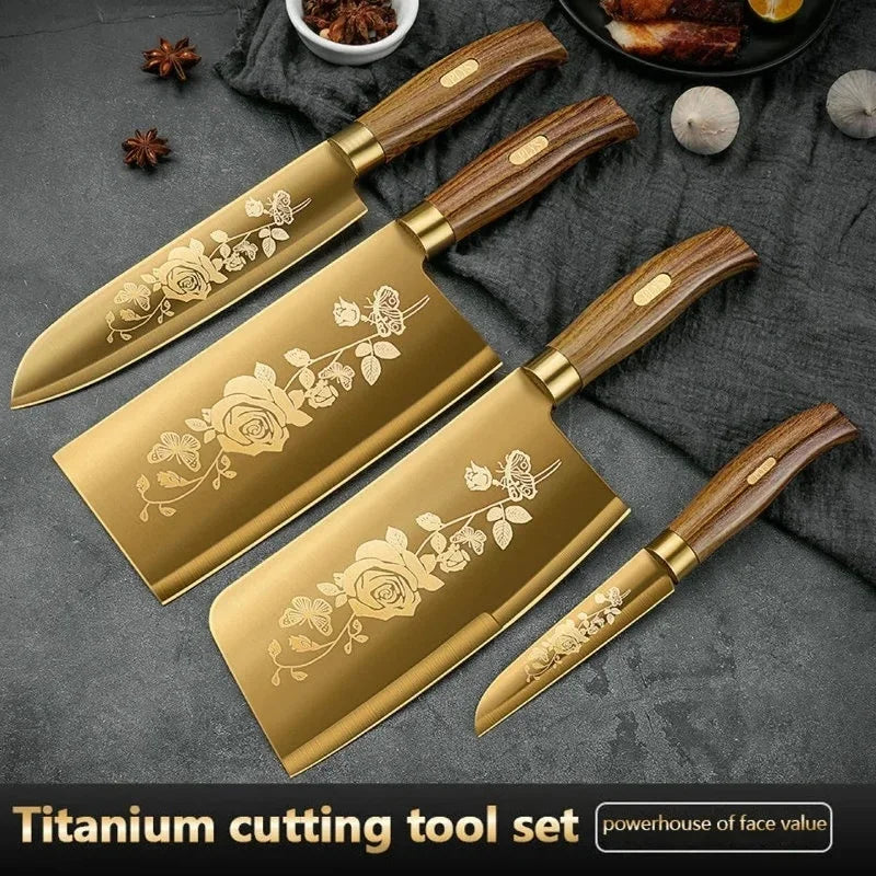 Golden, Rose Pattern 4-Piece Kitchen Knife Set