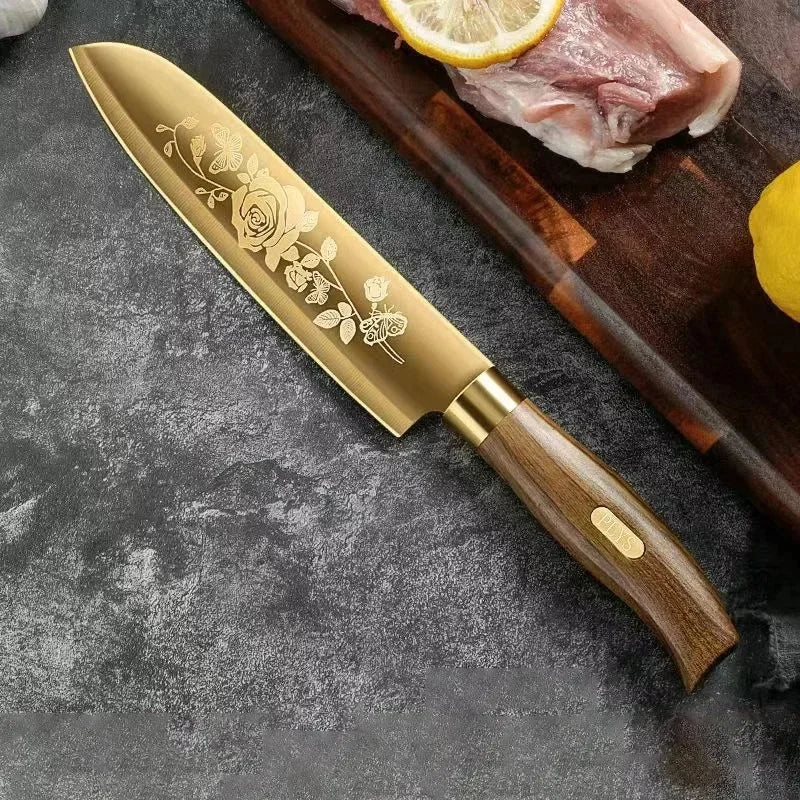 Golden, Rose Pattern 4-Piece Kitchen Knife Set