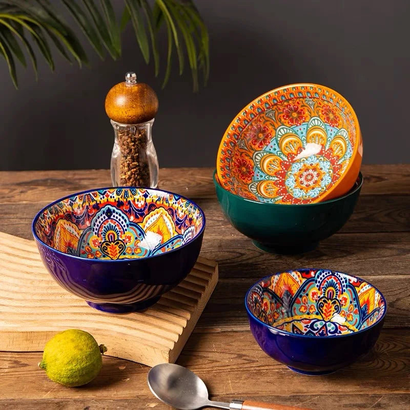 Bohemian Rice Bowl Home Creative Personality Ceramic Bowl High Appearance Level Retro Noodle Bowl Eating Rice Small Bowl