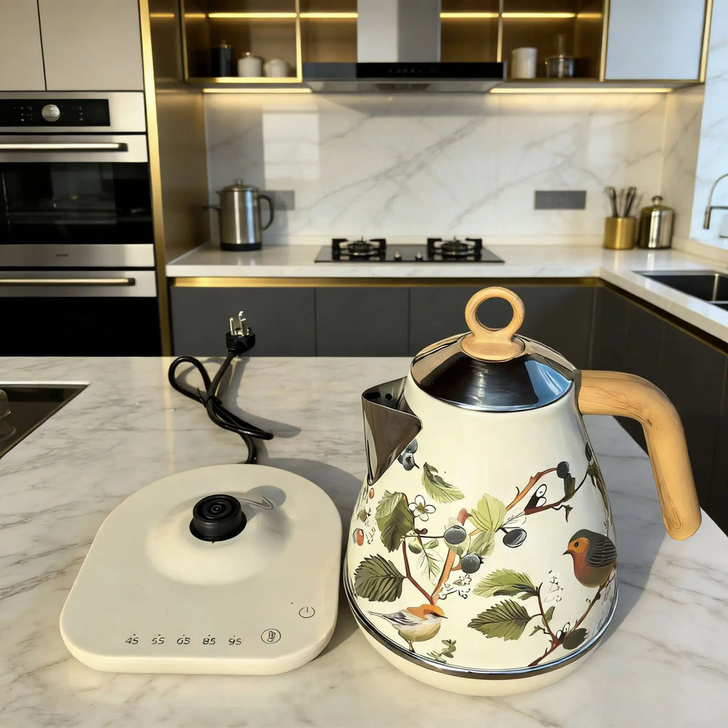 Retro Decal Electric Kettle with Wood Grain Handle 1.7L