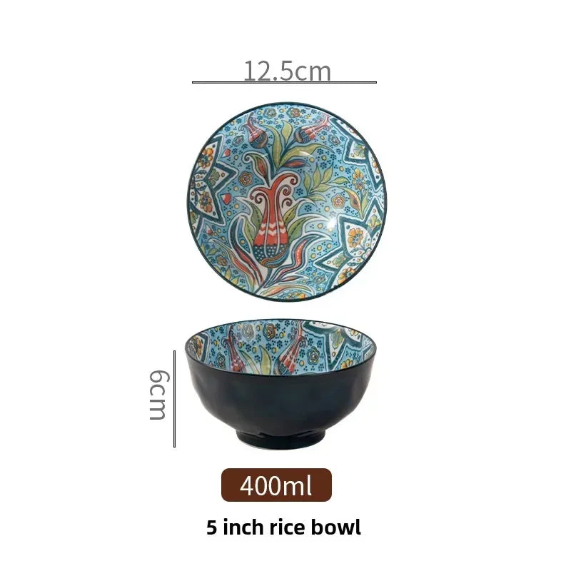 Bohemian Rice Bowl Home Creative Personality Ceramic Bowl High Appearance Level Retro Noodle Bowl Eating Rice Small Bowl