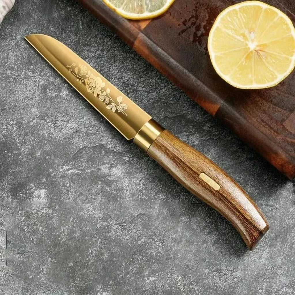 Golden, Rose Pattern 4-Piece Kitchen Knife Set