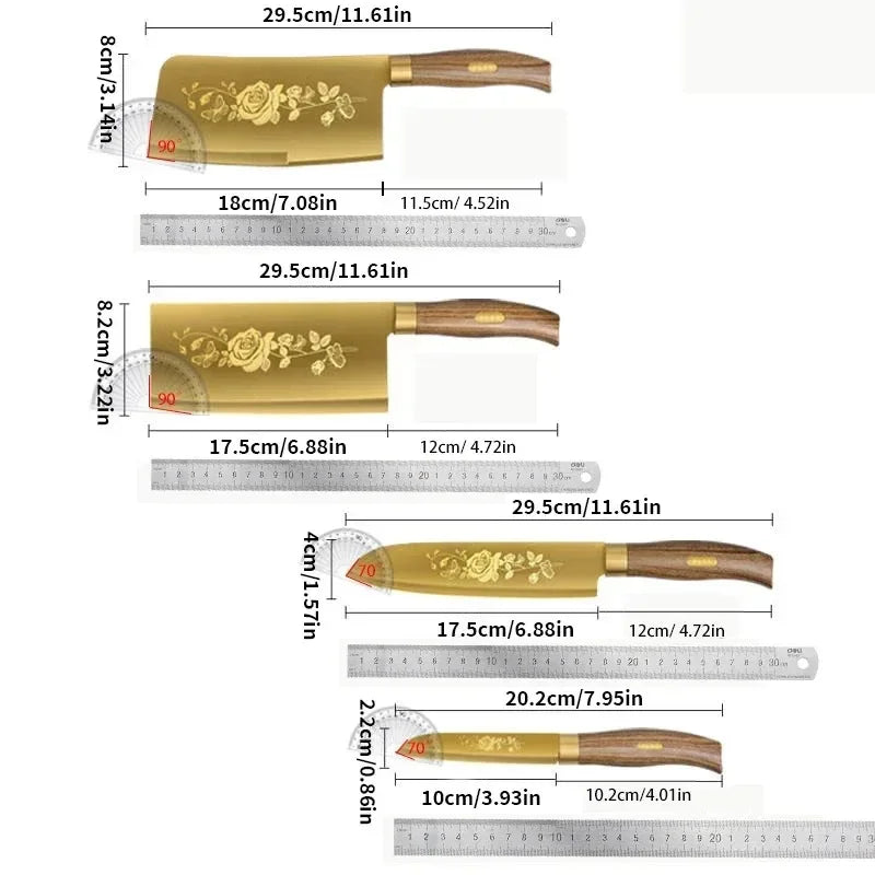 Golden, Rose Pattern 4-Piece Kitchen Knife Set